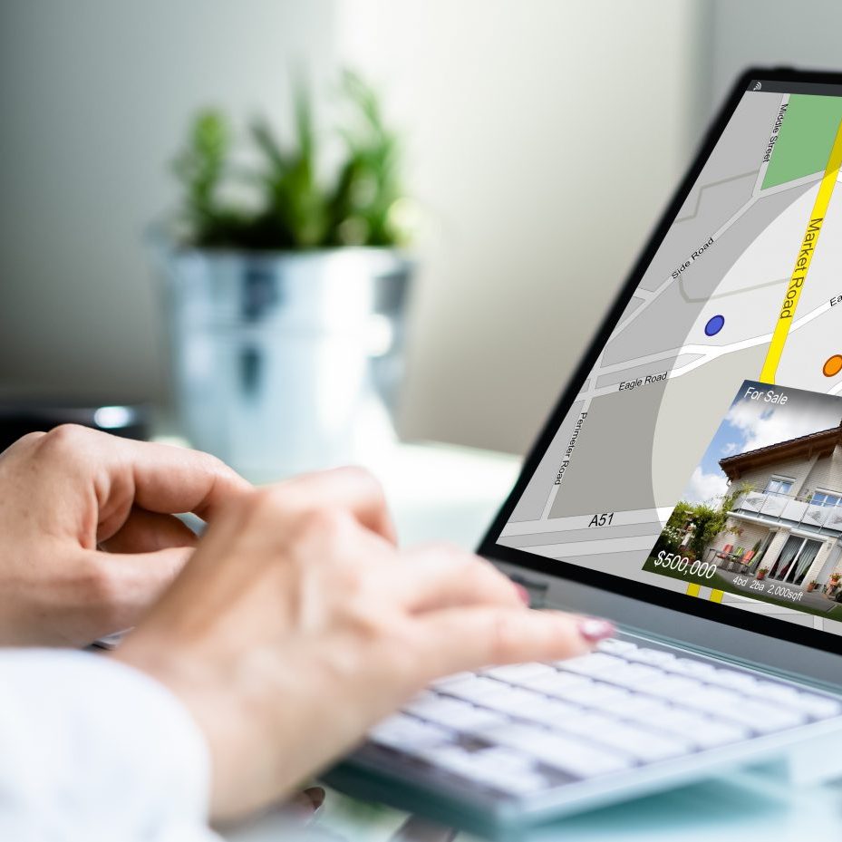 Online Real Estate Location Search. Woman Renting Apartment